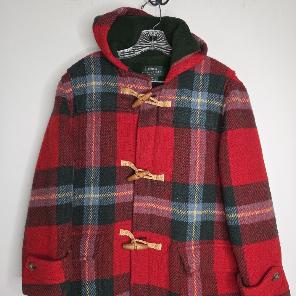 Louren Ralph Lauren Red Plaid Toggle pea Coat wool rare  winter Petite M - Picture 2 of 16
